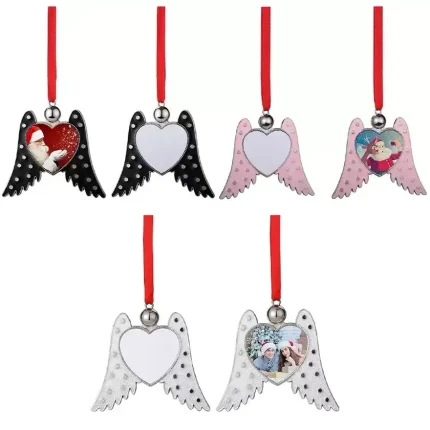 Sublimation Angel Wings Ornament Heat Printing Christmas Pendant Thermal Transfer Metal Pendants With Red Ribbon Customized Gift 0810